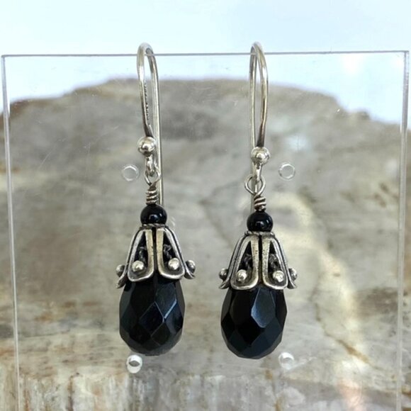 Sterling Silver 925 1.5" Checkerboard Faceted Black Glass Beaded Dangle Earrings - Picture 1 of 16